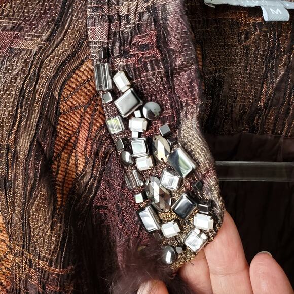 Vtg 90s Women Brown Fur Trim Tapestry Jacket M Fall Artsy Boho Maximalist Funky - Picture 2 of 12